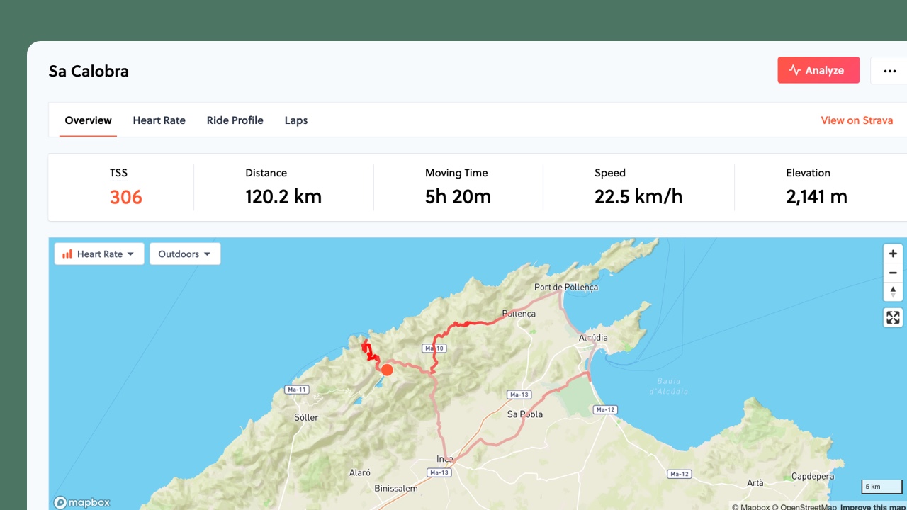 Ride detail view showing route map, power and heart rate charts